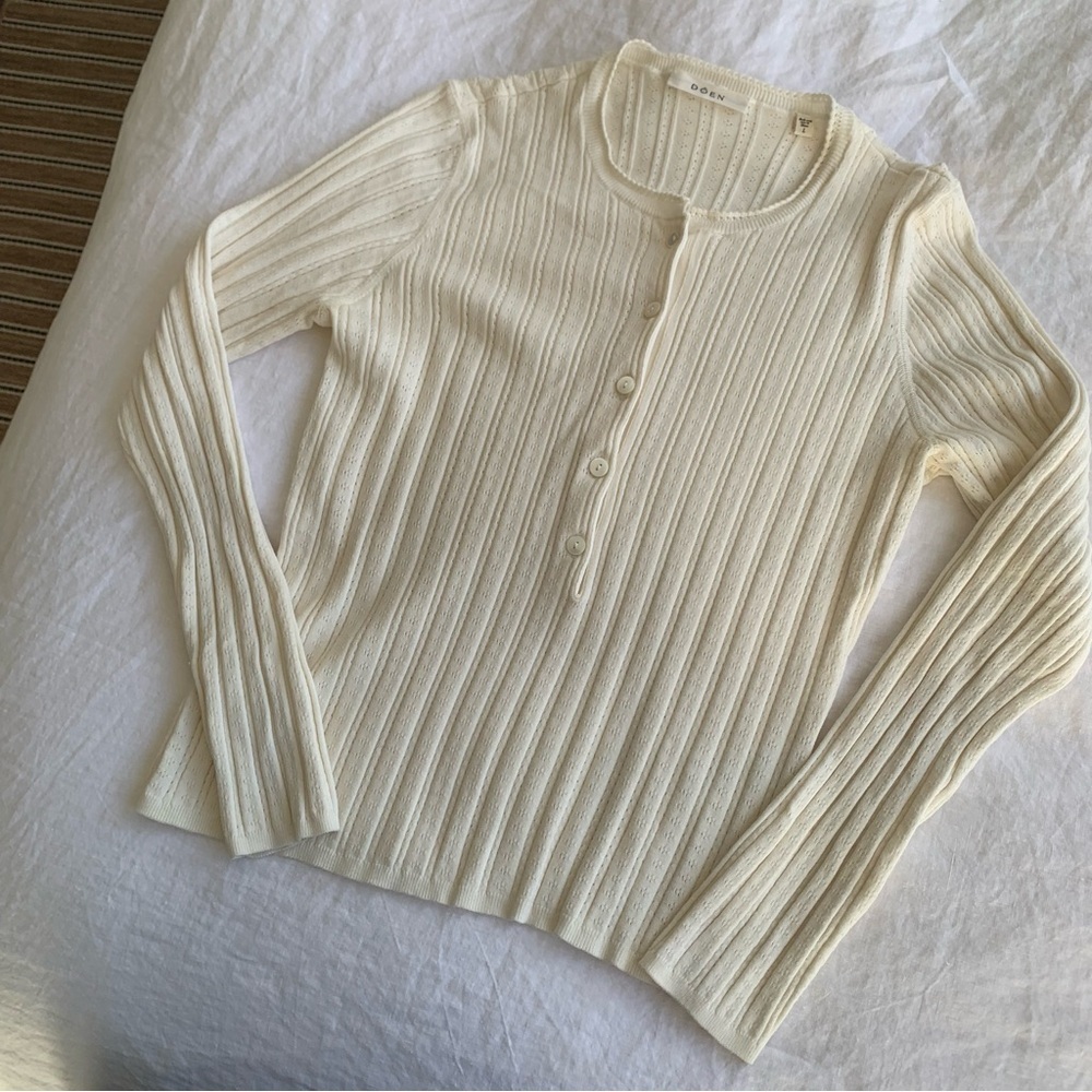 Doen Ellis Henley Pointelle Knit Button Crewneck Sweater Top Ivory - Picture 3 of 10